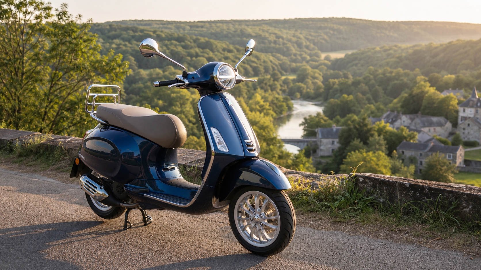 Moderne Vespa scooter in het Ardense landschap